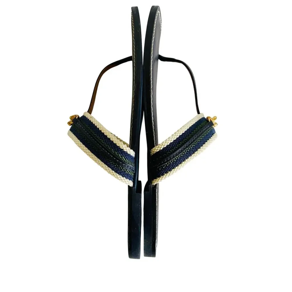 Tory Burch Jessa‎ Navy Leather Thong Sandals Dragon Chain Stripe Webbing 9.5